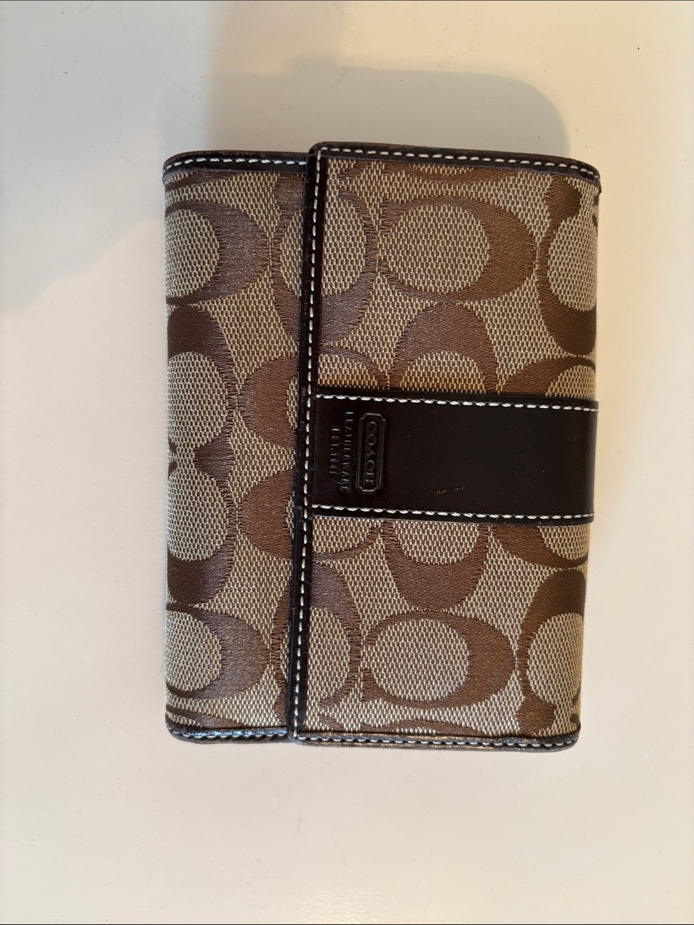 Coach Brown Signature Canvas Trifold Wallet with Dark Brown Trim